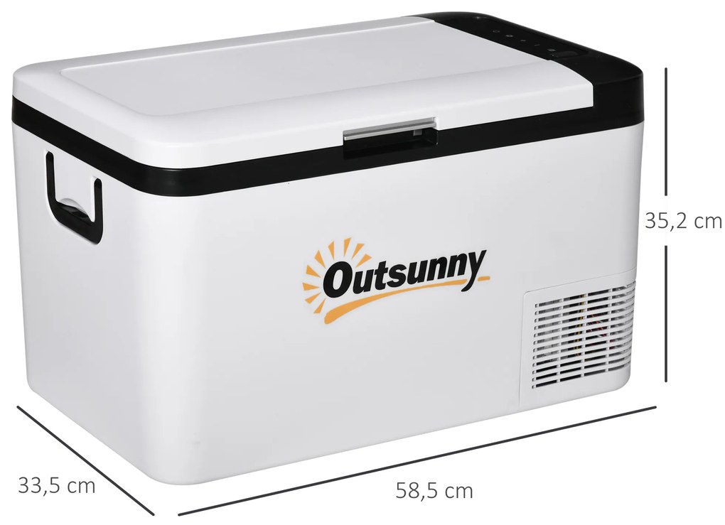 Outsunny Geleira Elétrica de Compressor 25L Portátil até -20℃ com Luz LED e Alças Dobráveis Geleira de Carro 12V/24V e 240V para Casa Campismo Viagem 58,5x33,5x35,2cm Branco