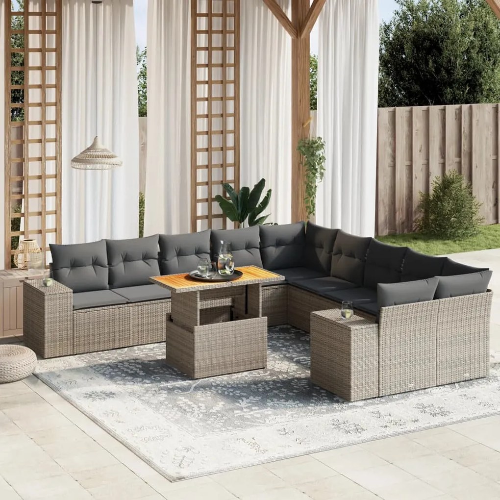 11 pcs conjunto sofás de jardim c/ almofadões vime PE cinzento