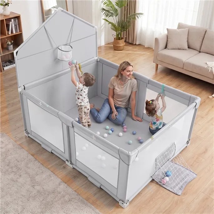 Parque Infantil Dobrável para Bebés, 223 x 150 x 163 cm, Estrutura Metálica Reforçada, Cinzento claro