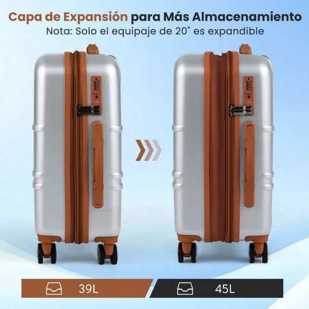 Conjunto de bagagem de 3 peças malas rígidas com fechadura com Alças telescópicas de alumínio e rodas giratórias Prata