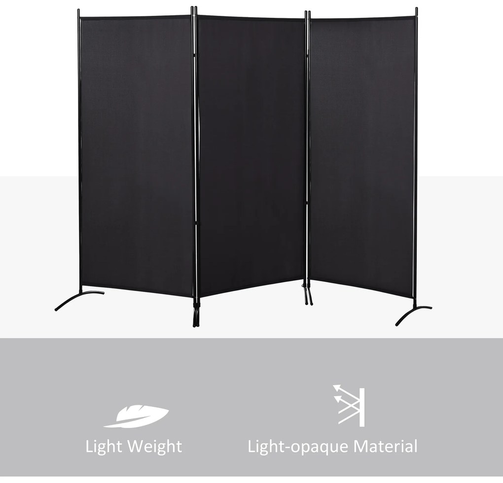 Biombo de 3 Paineis Separador de Ambientes Dobrável Biombo de Privacidade com 6 Pés de Metal 253x50x182 cm Preto