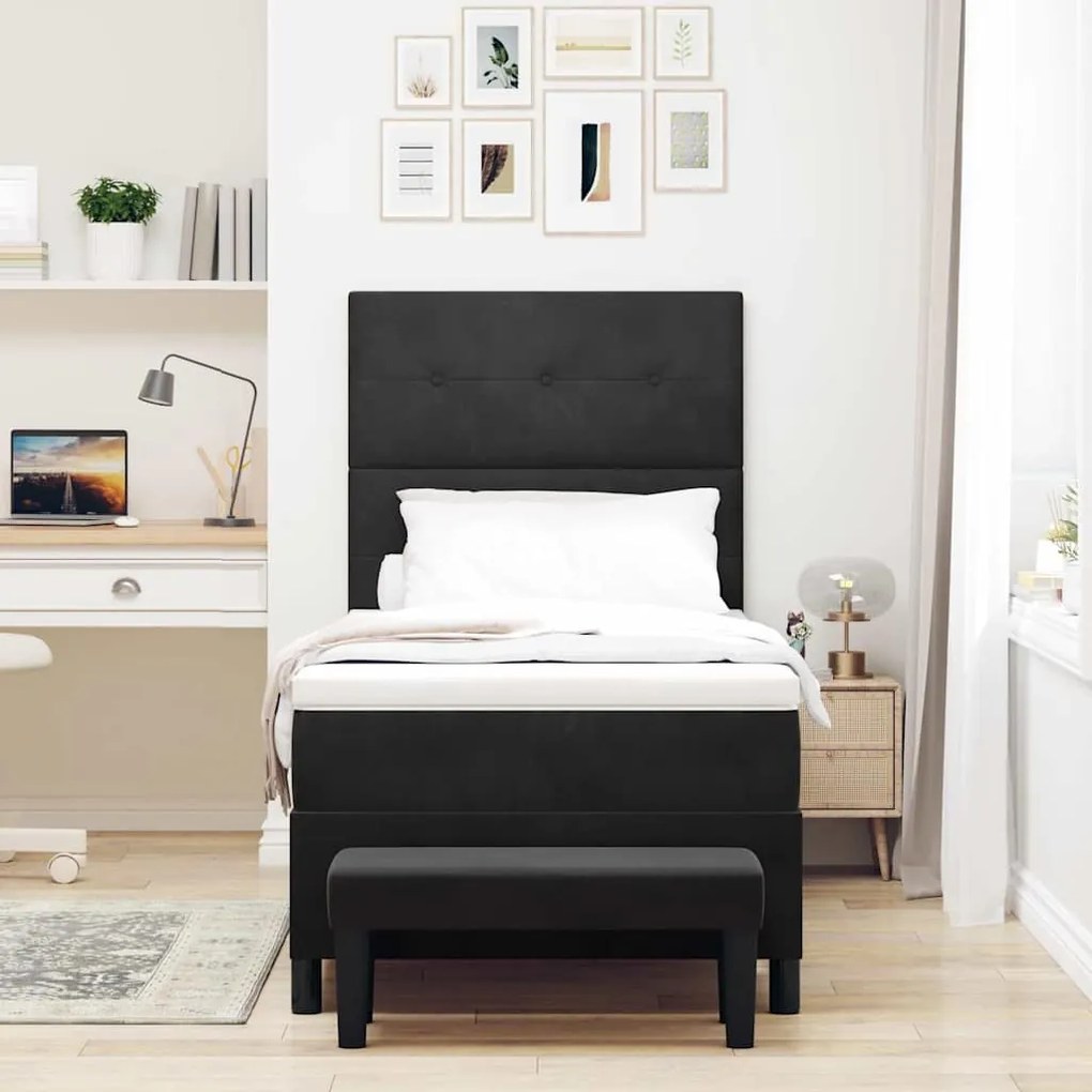 Cama Box com Colchão e Banco Preta 90x200 cm Veludo