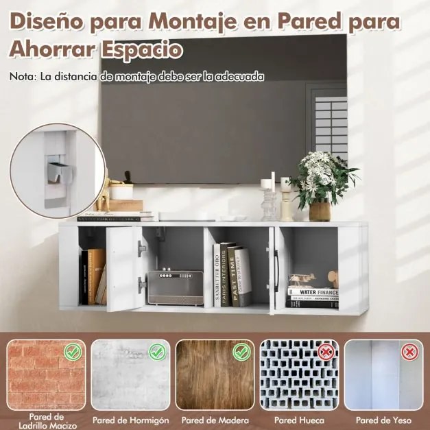 Armário suspenso para TV de 2 portas  108 x 33 x 30,5 cm com 2 cubos Consola de arrumação branco