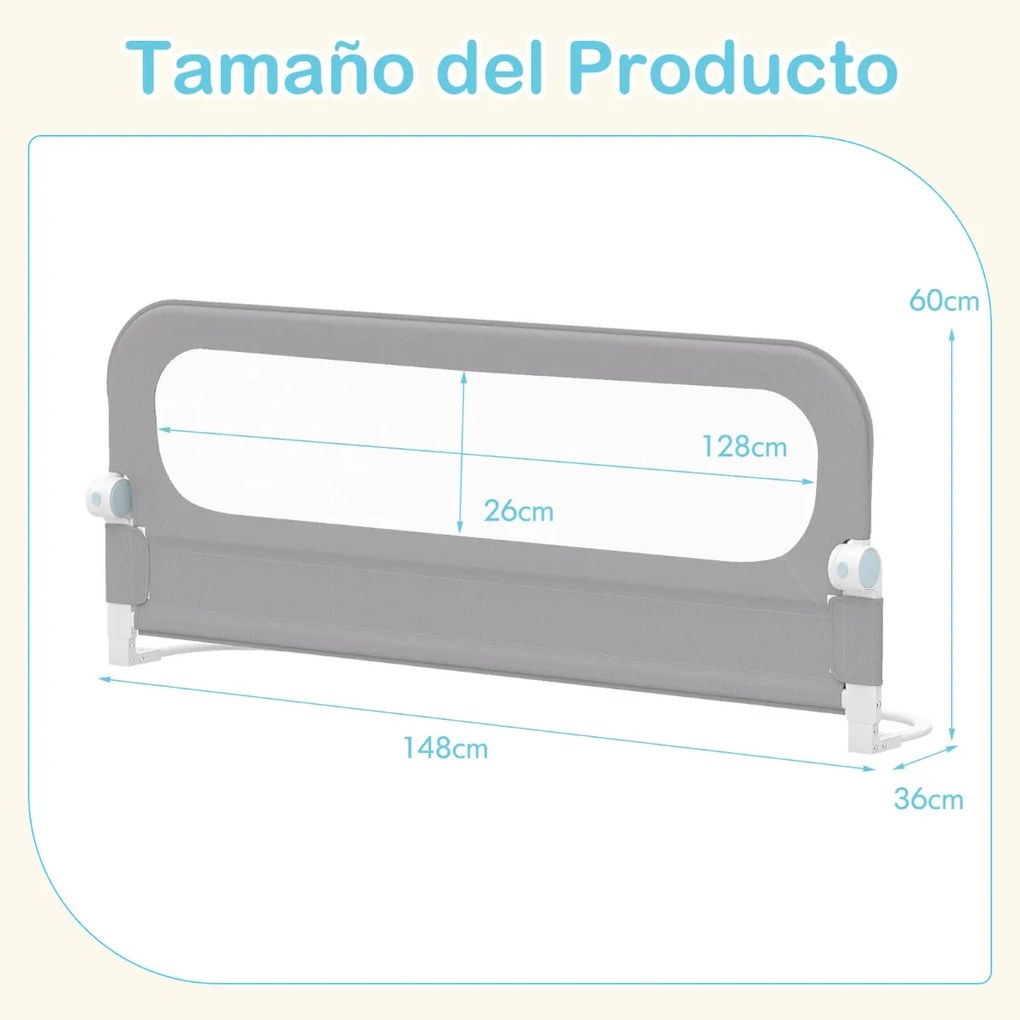 Barreira segurança dobrável para camas infantis, ajustável 148 x 36 x 60 cm (C x L x A), com capa removível em tecido Oxford, base em U, com correia e