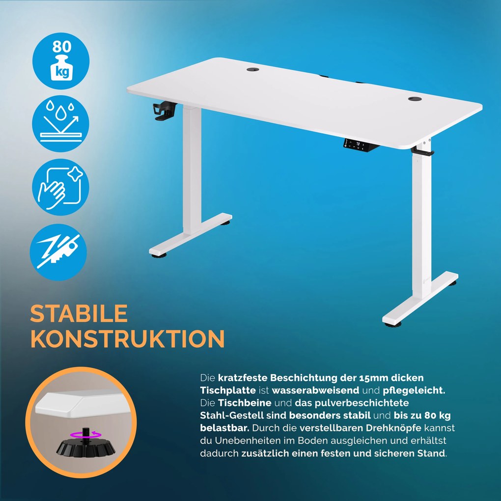 Secretária elétrica regulável em altura 140x60x73-118cm branca