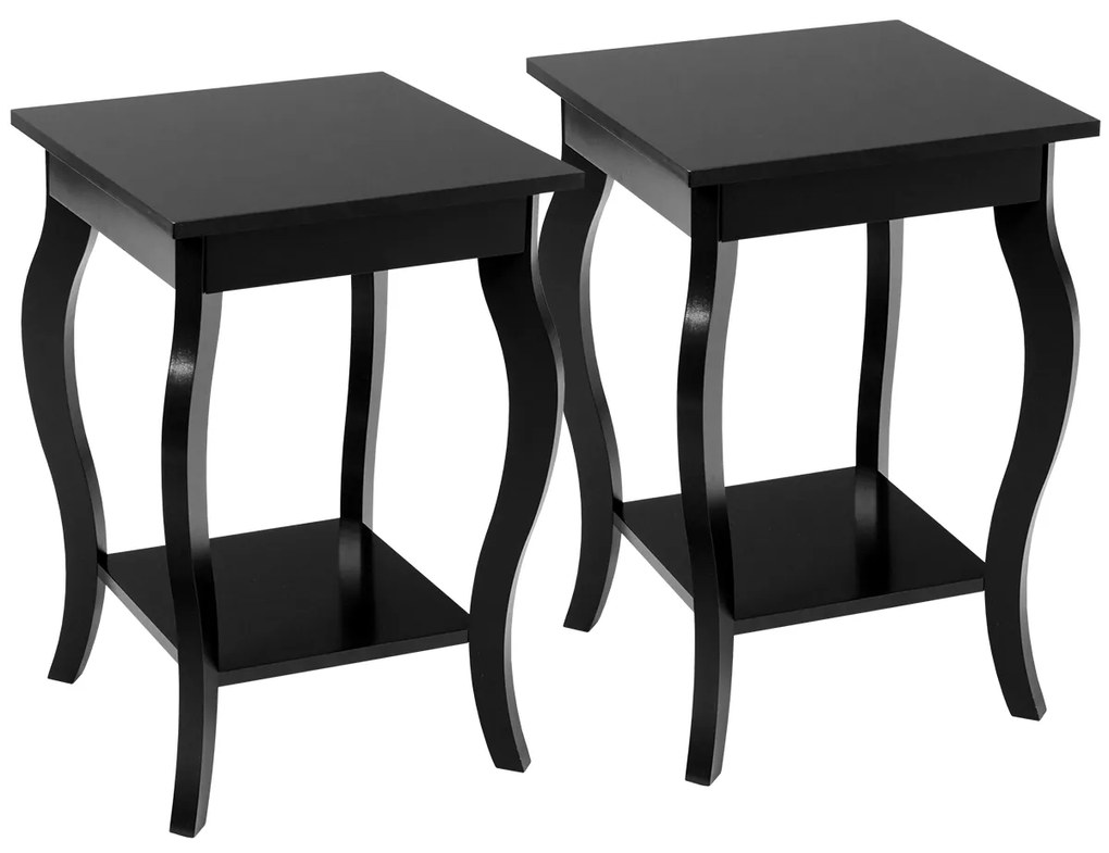 Conjunto de 2 mesas-de-cabeceira com 2 níveis e pernas curvas Mesas de cabeceira para quarto, sala de estar e quarto familiar 40 x 40 x 60 cm Preto