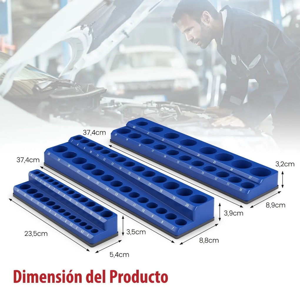 Conjunto de 6 organizadores magnéticos para porta-soquetes métricos e imperiais com soquetes de 1/2, 3/8 e 1/4 polegadas azul e vermelho