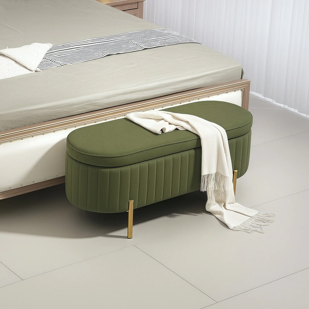 Banco de arrumação 108 x 44 x 43,5 cm, baú de veludo com tampa, pés de metal, capacidade de 72 L, verde escuro
