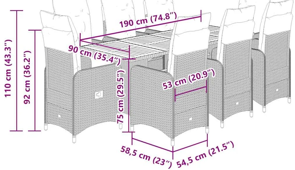9 pcs conjunto bistrô de jardim c/ almofadões vime PE cinzento