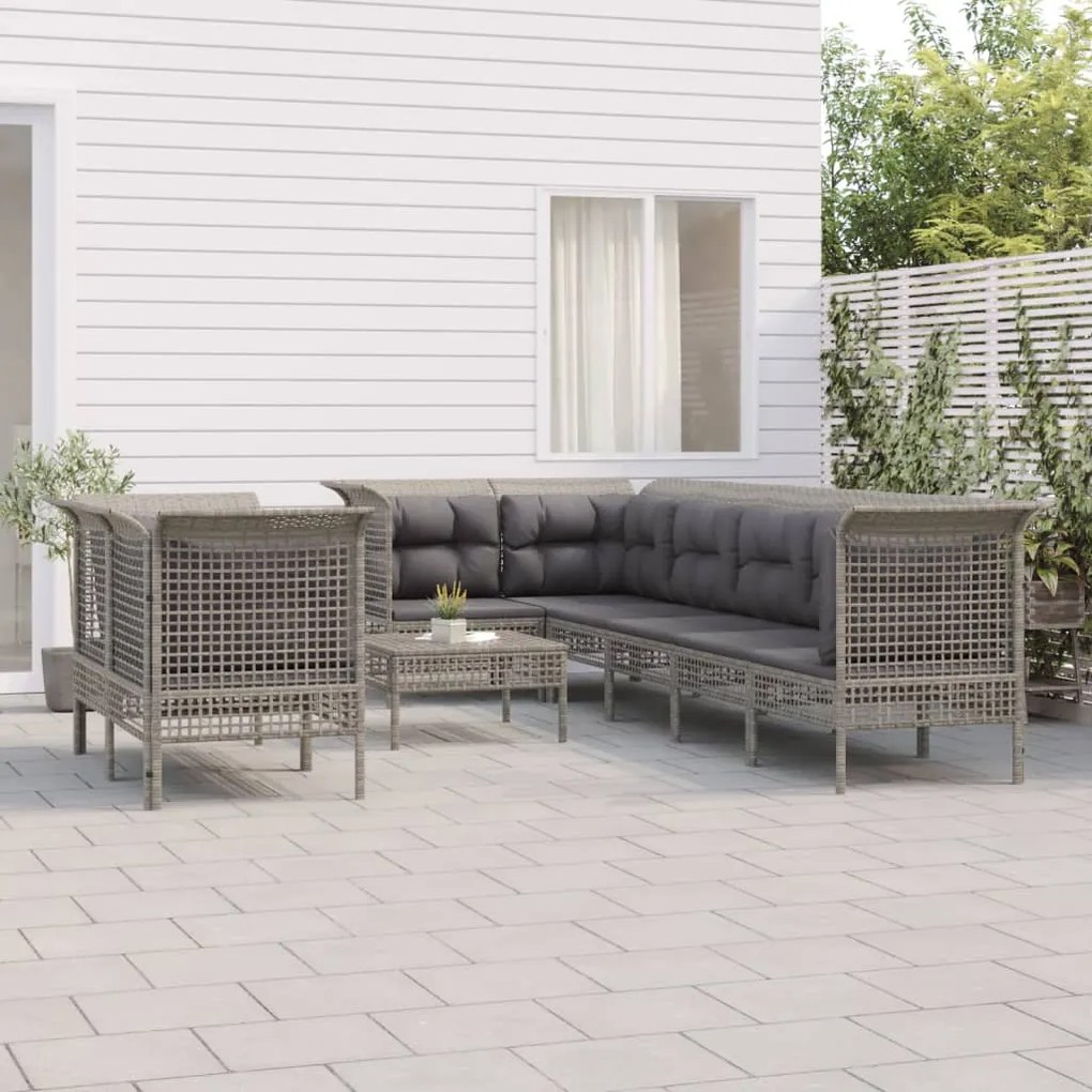 vidaXL 9 pcs conjunto lounge de jardim c/ almofadões vime PE cinzento
