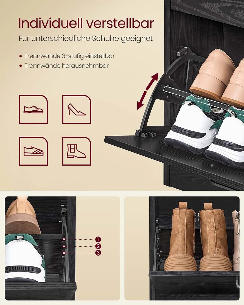 Armário para sapatos  24 x 105,5 x 82,7 cm  com 4 portas e divisória ajustável em preto