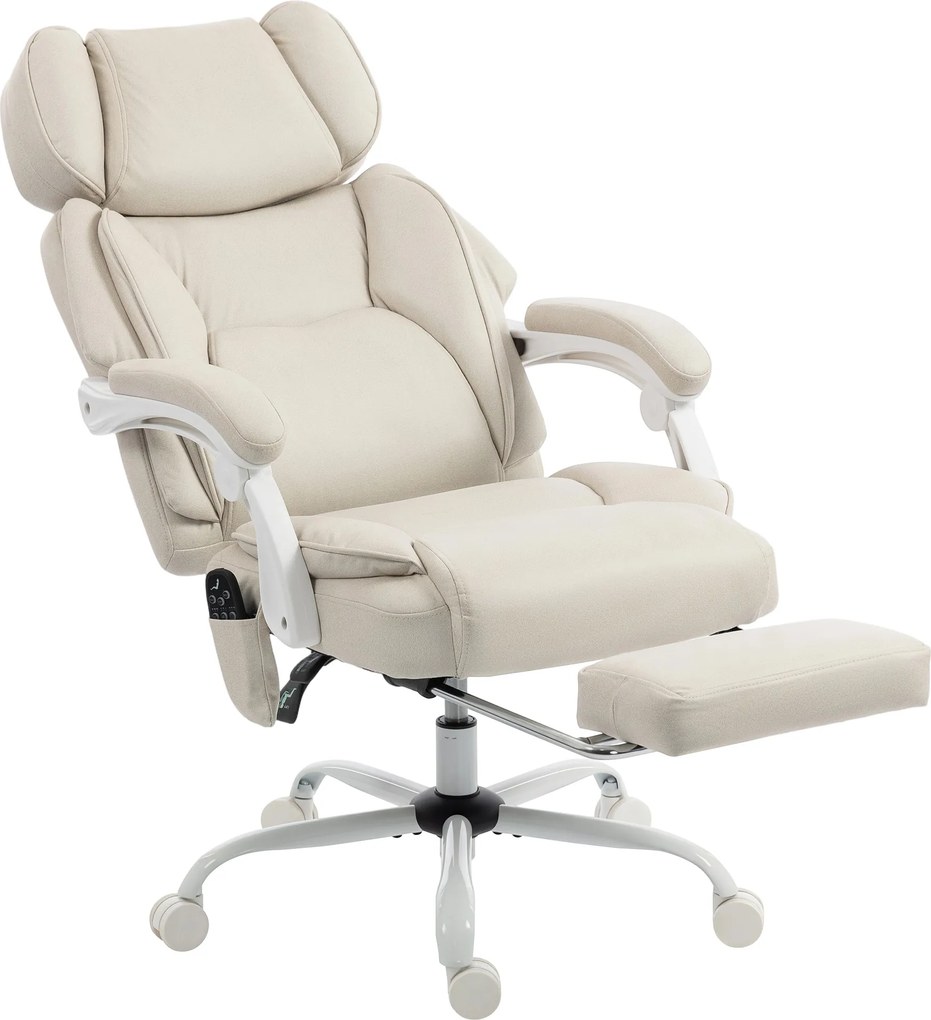 Cadeira de alto encosto com massagem vibratória e aquecimento, ergonómica, reclinável, com apoio para os pés, creme branco