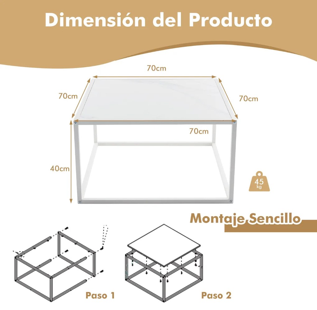 Mesa de centro quadrada moderna com tampo em imitação de mármore Estrutura de aço 70 x 70 x 40 cm Branco