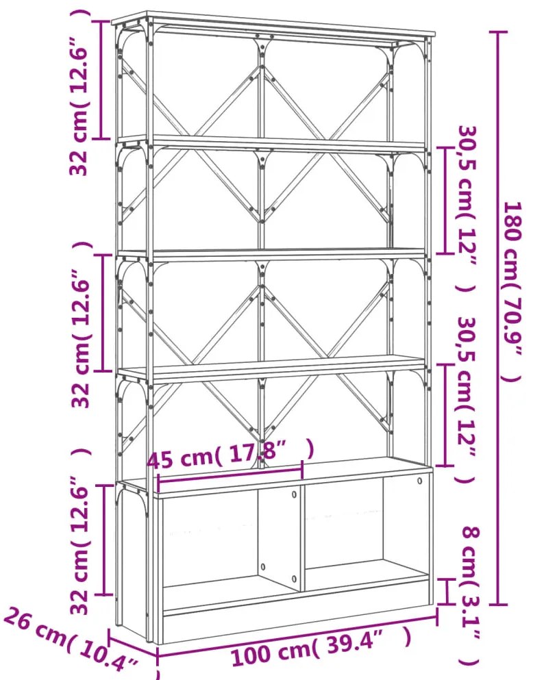 Estante 100x26x180 cm derivados de madeira e metal cinza sonoma