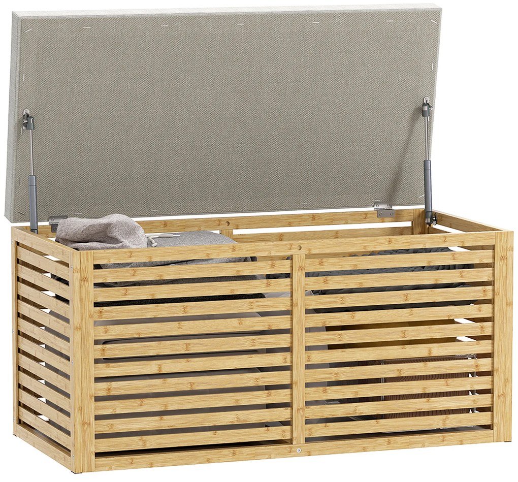 HOMCOM Baú de Arrumação para Dormitório 122L Estofado em Linho Sintético com Almofada Estrutura de Bambu 90x42x43 cm Cinza e Madeira | Aosom Portugal