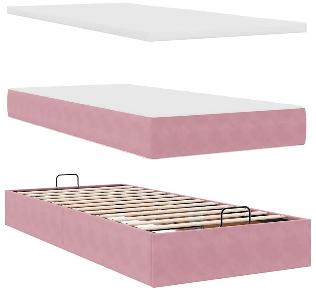 Estrutura de cama otomana com colchões rosa 90x200cm veludo