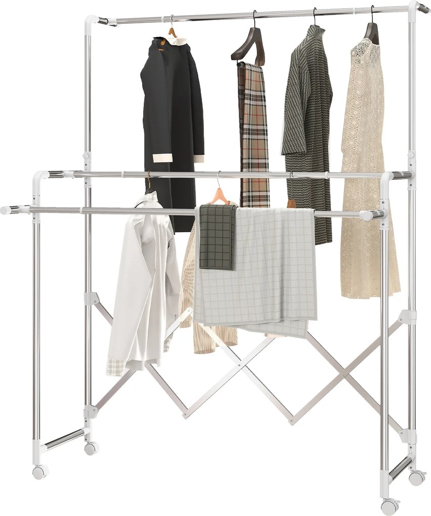 Estendal de roupa dobrável para interior com 3 barras ajustáveis e 4 Rodas, 104-150 x 103 x 145-197 cm, prateado