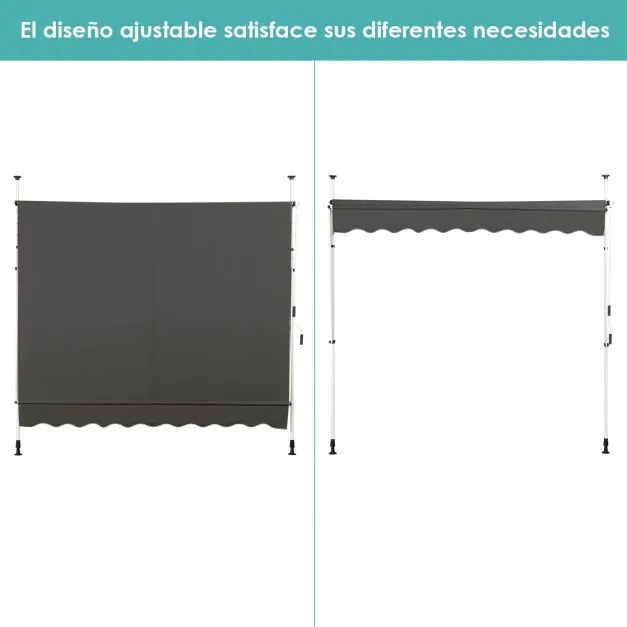 Toldo Telescópico e Retrátil 250 x 125 cm Resistente aos Raios UV Impermeável com Manivela Manual e Altura Ajustável para Janela Varanda Cinza
