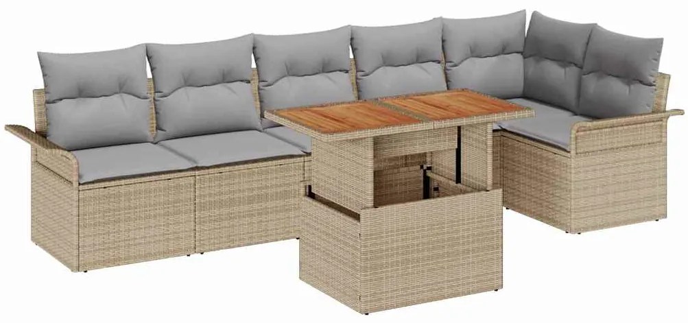 Conjunto de Jantar de Jardim 7 Peças com Almofadas Beje em Rattan e Po