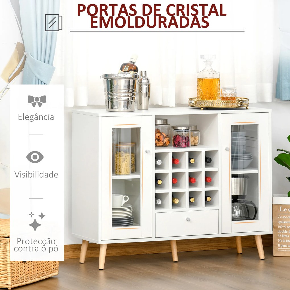 Aparador de Cozinha Armário de Armazenamento com 12 suportes para Garrafas e 3 Estantes Portas de vidro 100x33x80cm Branco