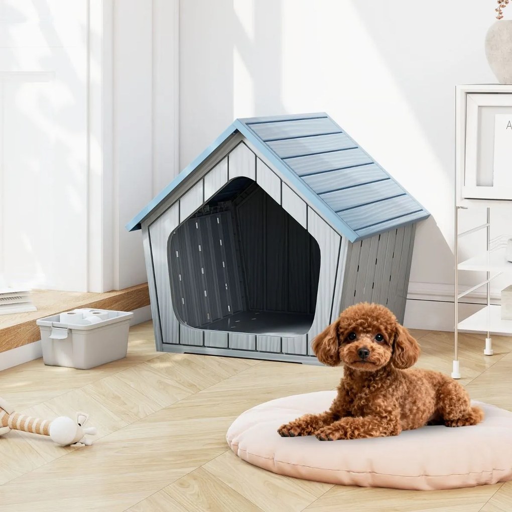 Casota para cães pequenos 59,5 cm x 57 cm x 58 cm interior e exterior com ventilação e telhado inclinado Azul