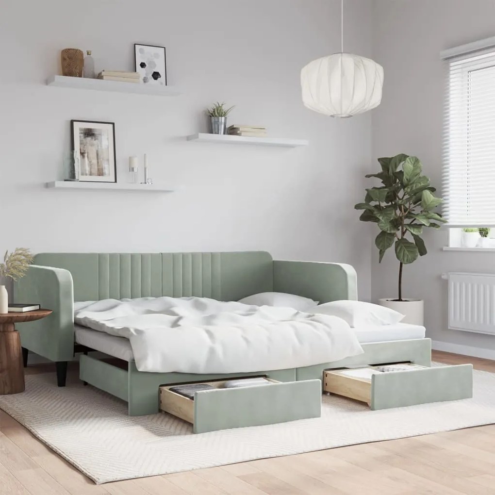 vidaXL Sofá-cama c/ gavetão e gavetas 90x190 cm veludo cinzento-claro