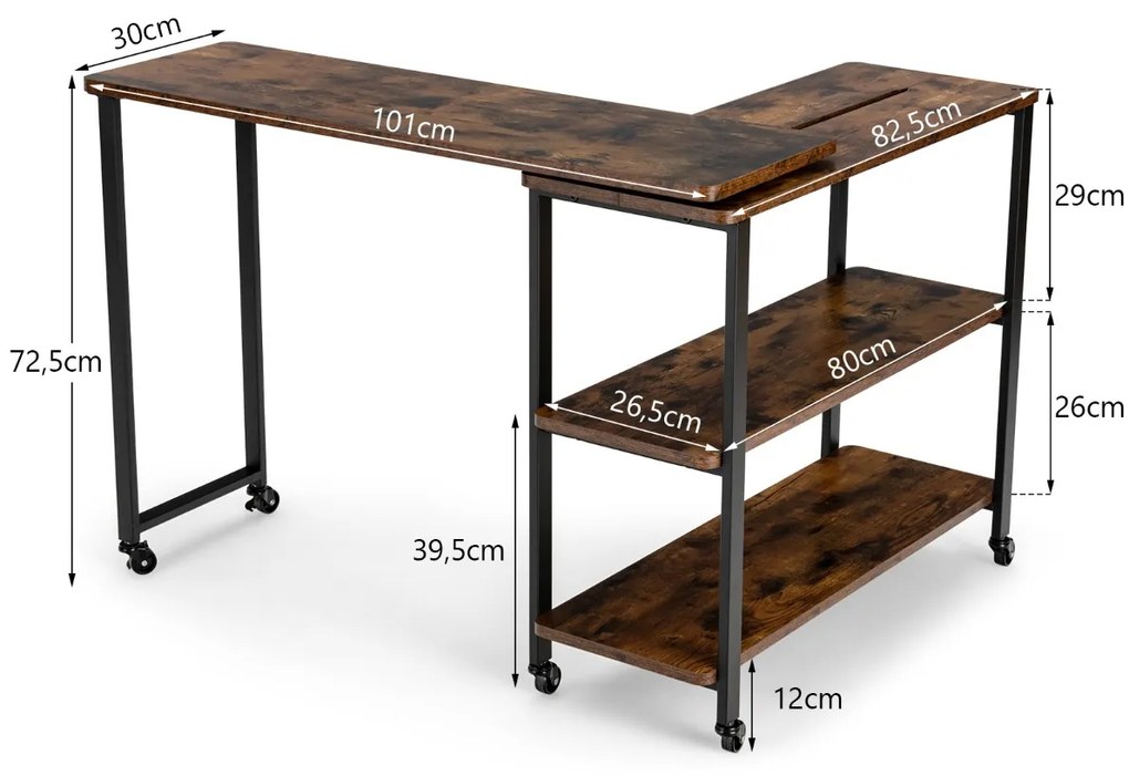 Mesa para computador secretária giratória 360 °  de metal com 6 rodas universais Mesa para sofá para escritório 101 x 30 x 70,5 cm Castanho