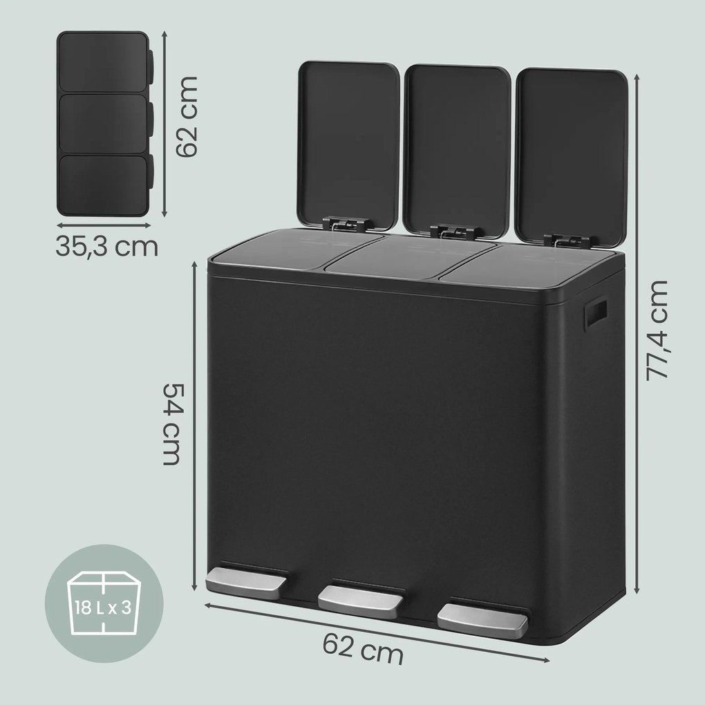 Caixote do lixo com 3 compartimentos, caixote do lixo de 3 x 18 L, 62 x 35,3 x 54 cm com pedal e tampa com fecho suave preto