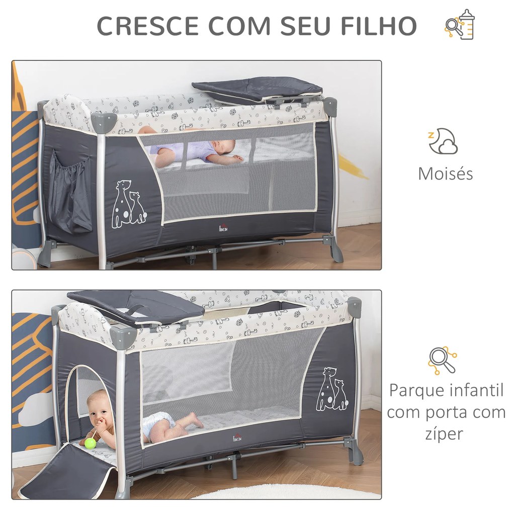 Berço de Viagem Dobrável para Bebés e Crianças até 15kg com 2 Rodas e Bolso Lateral Berço Portátil 124x66x77,5cm Cinza