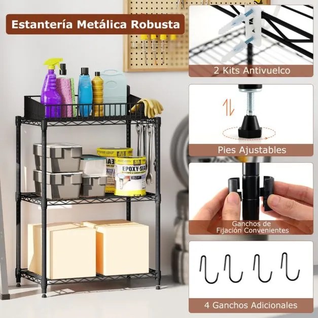 Estante metálica 59 x 34 x 79 cm ajustável de 3 níveis com grelha de arame com capacidade para 204 kg para casa, cozinha, garagem, escritorio Preta
