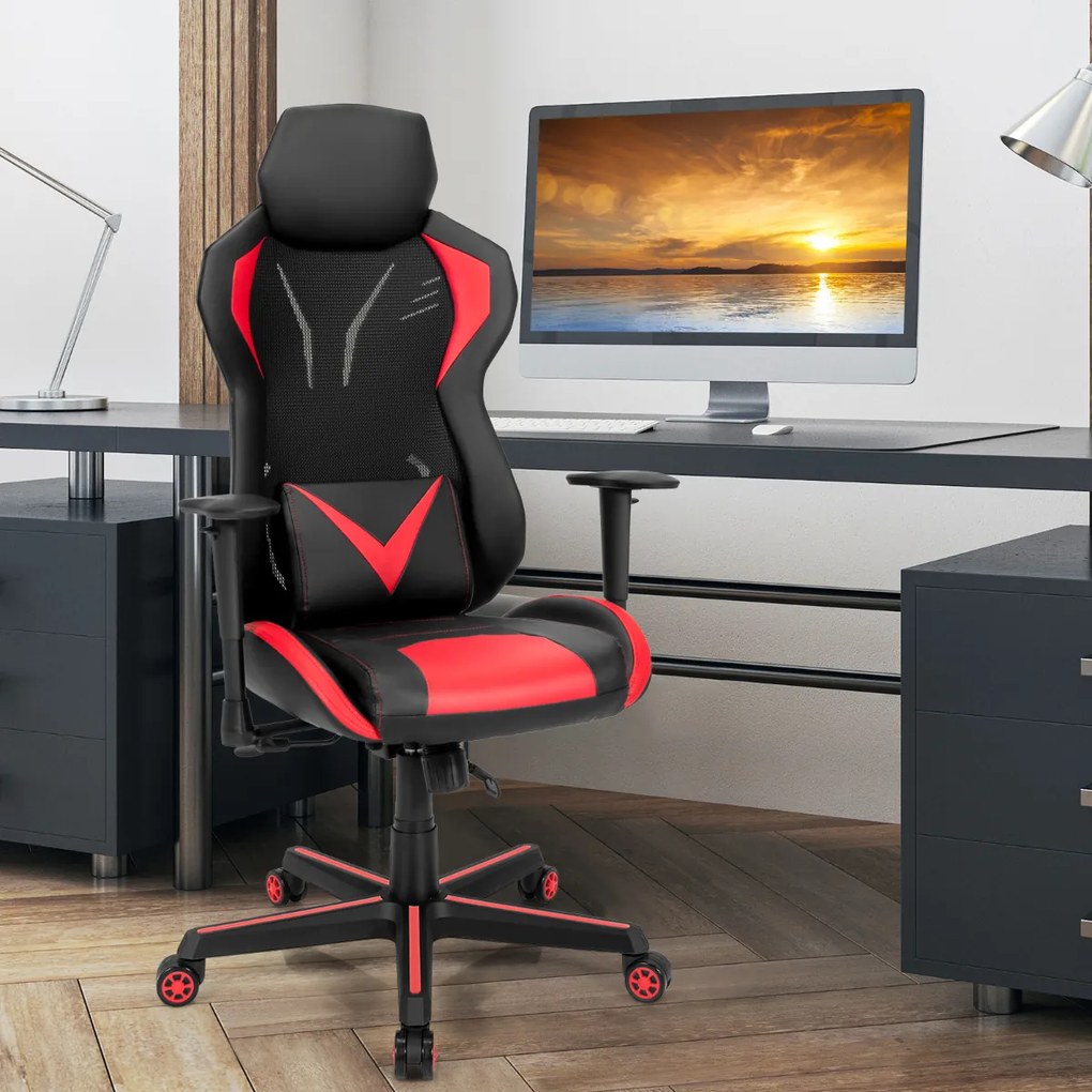 Cadeira de Gaming Ergonómica de Computador Giratória Regulável em Altura Cadeira Regulável Vermelho e Preto