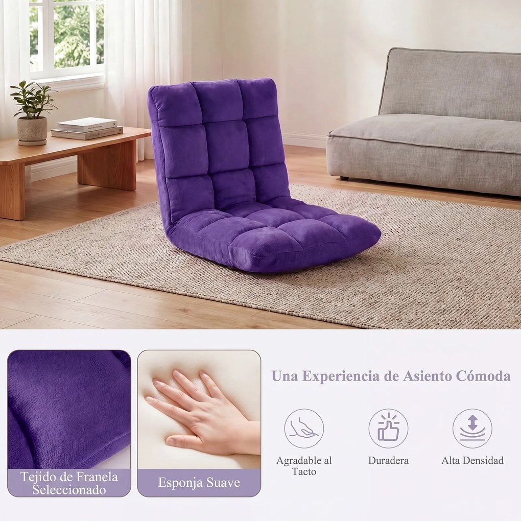 Cadeira de Chão Dobrável, 104 x 53 x 15 cm, Encosto Ajustável em 14 Posições, Roxo