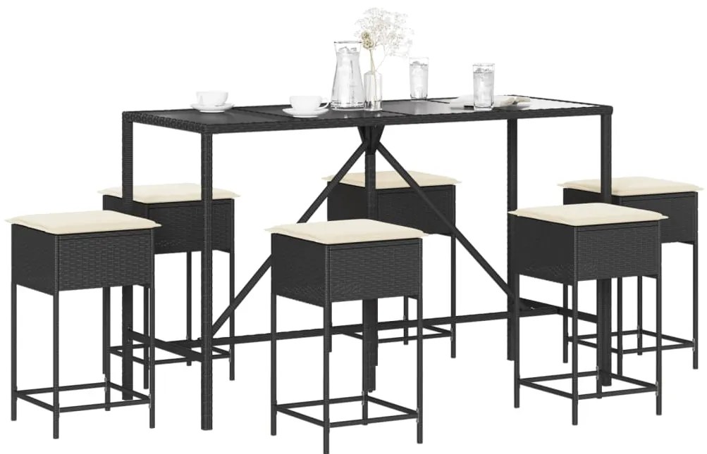 7 pcs conjunto de bar para jardim c/ almofadões vime PE preto