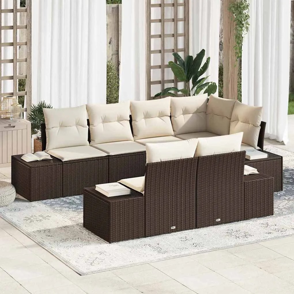 Conjunto de Sofá de 7 Peças com Almofadas Castanho Rattan PE