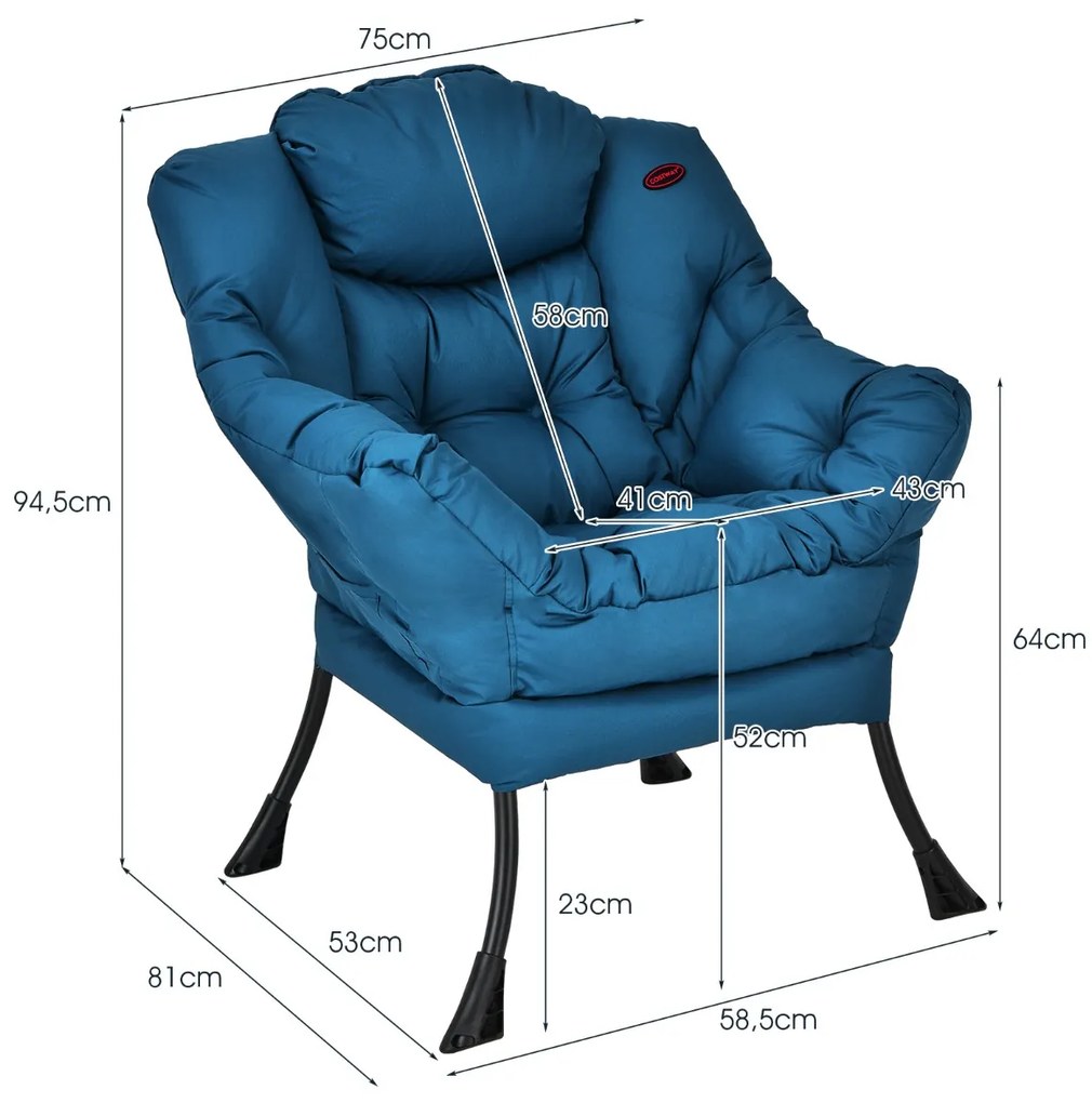 Poltrona moderna em tecido de poliéster com estrutura em metal estofada com bolso lateral 75 x 81 x 94,5 cm Azul Marinho
