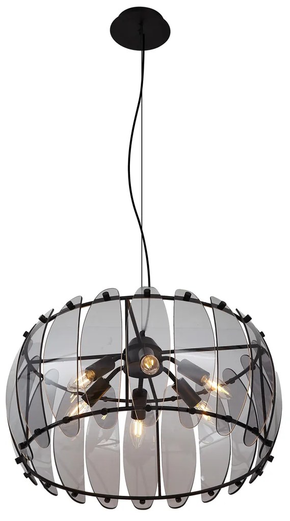 Candeeiro suspenso de design preto com vidro fumado redondo 6 luzes - Mochan Moderno
