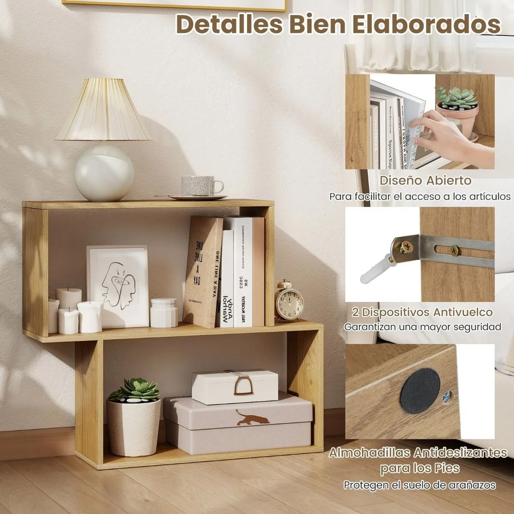 Estante para livros 80 × 22 × 70 cm de 2 níveis com espaço de armazenamento Natural