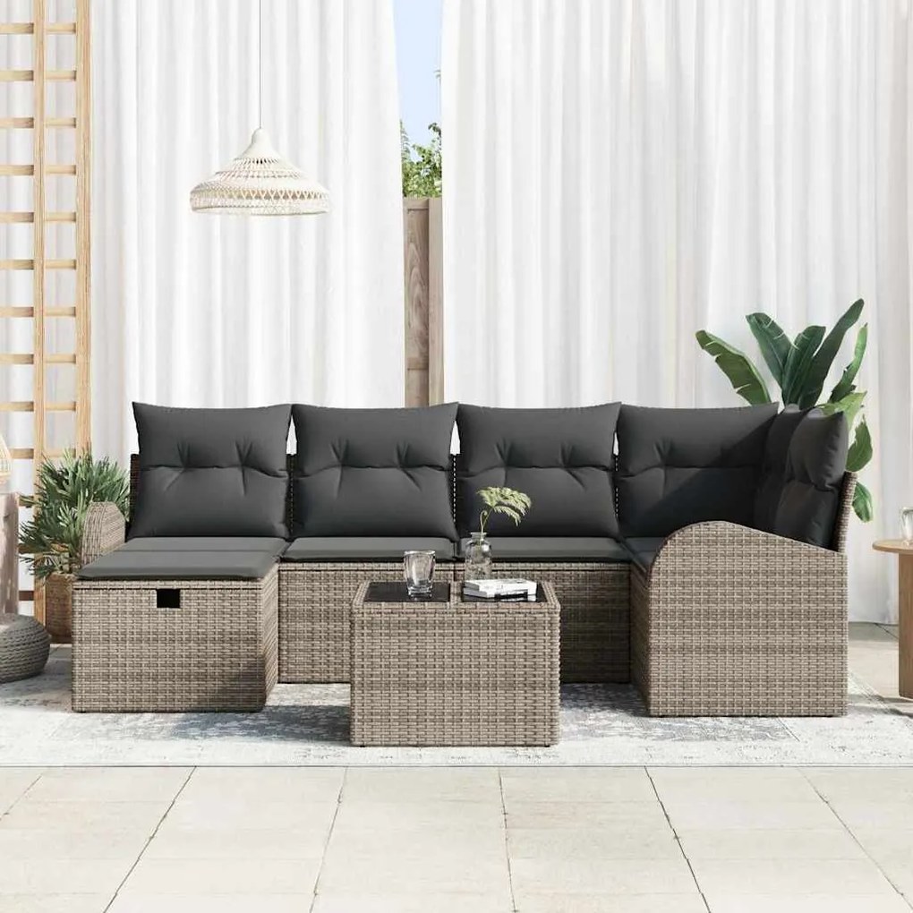 Conjunto de Sofá de Jardim de 7 peças com almofadas Cinza Rattan Polié