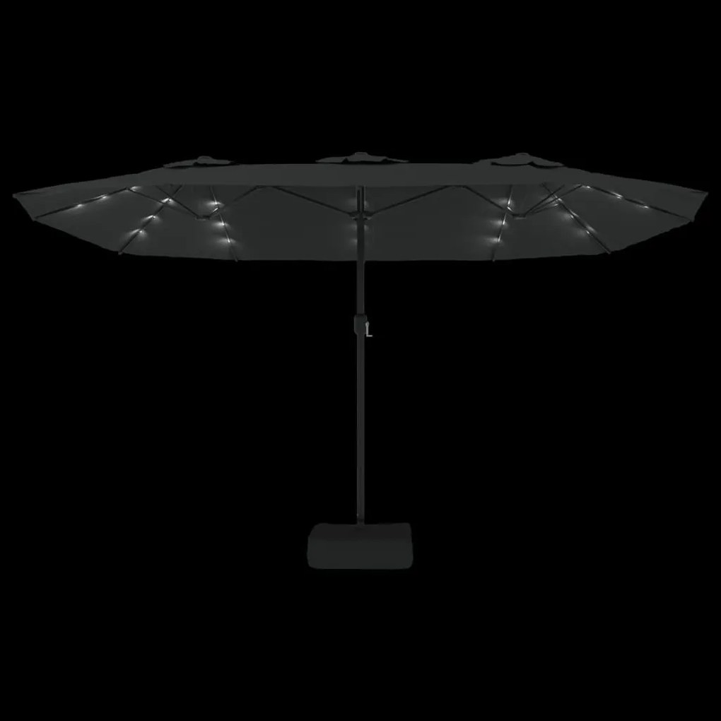 Guarda-sol de jardim c/ cabeça dupla/luzes LED 449x245 cm preto