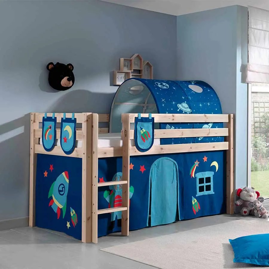 Conjunto Cama alta de Criança PINO 90 x 200 cm + estrado + escada + cortina + 3 bolsas + túnel Espaço Natural