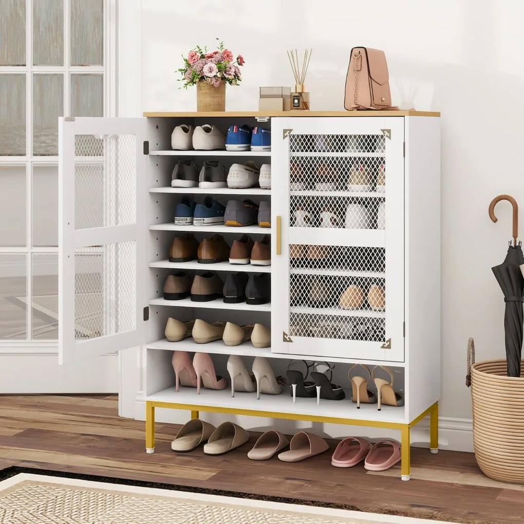 Sapateira de 7 níveis 80 x 37 x 106 cm com portas de malha Organizador moderno para sapatos em madeira com prateleiras ajustáveis Branco