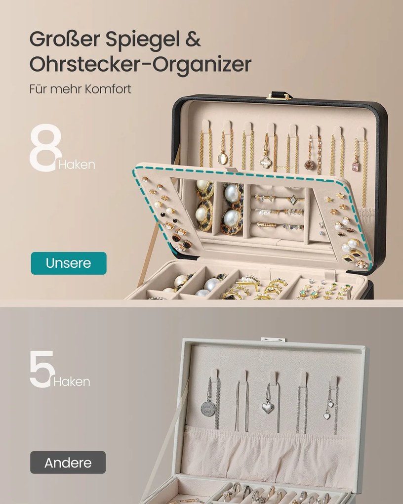 Caixa para joias 17,6 x 22 x 11 cm com duas camadas, espelho e tabuleiro flexível Preta