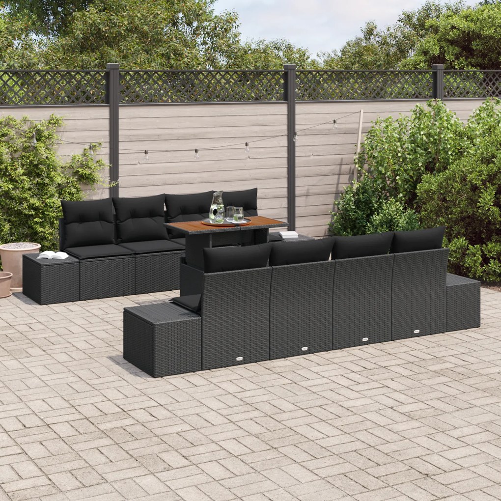 Conjunto de Sofá de Jardim de 7 Peças com Almofadas Rattan Preto Poly