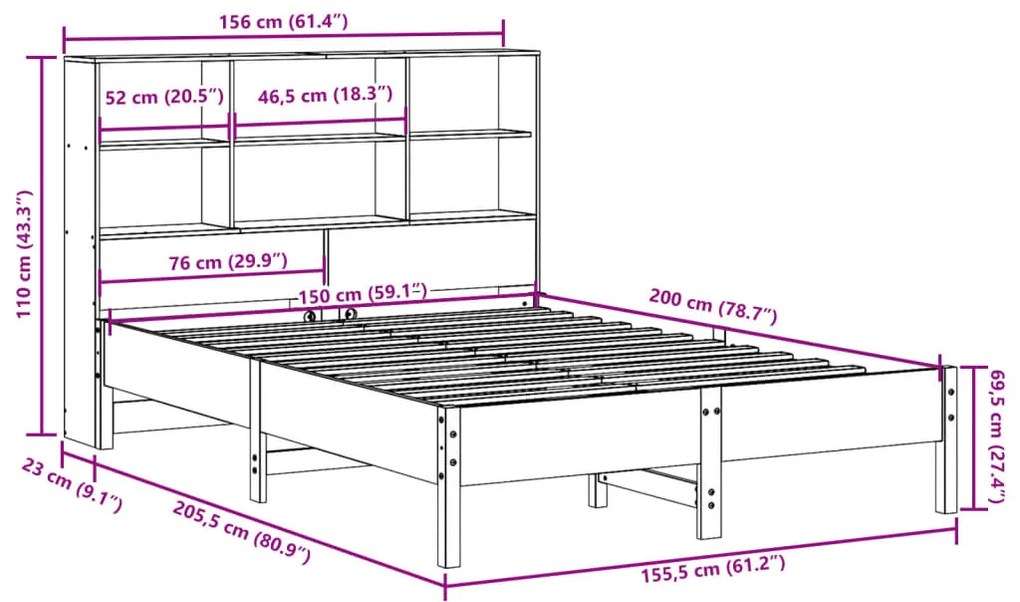 Cama com estante sem colchão 150x200 cm pinho maciço branco