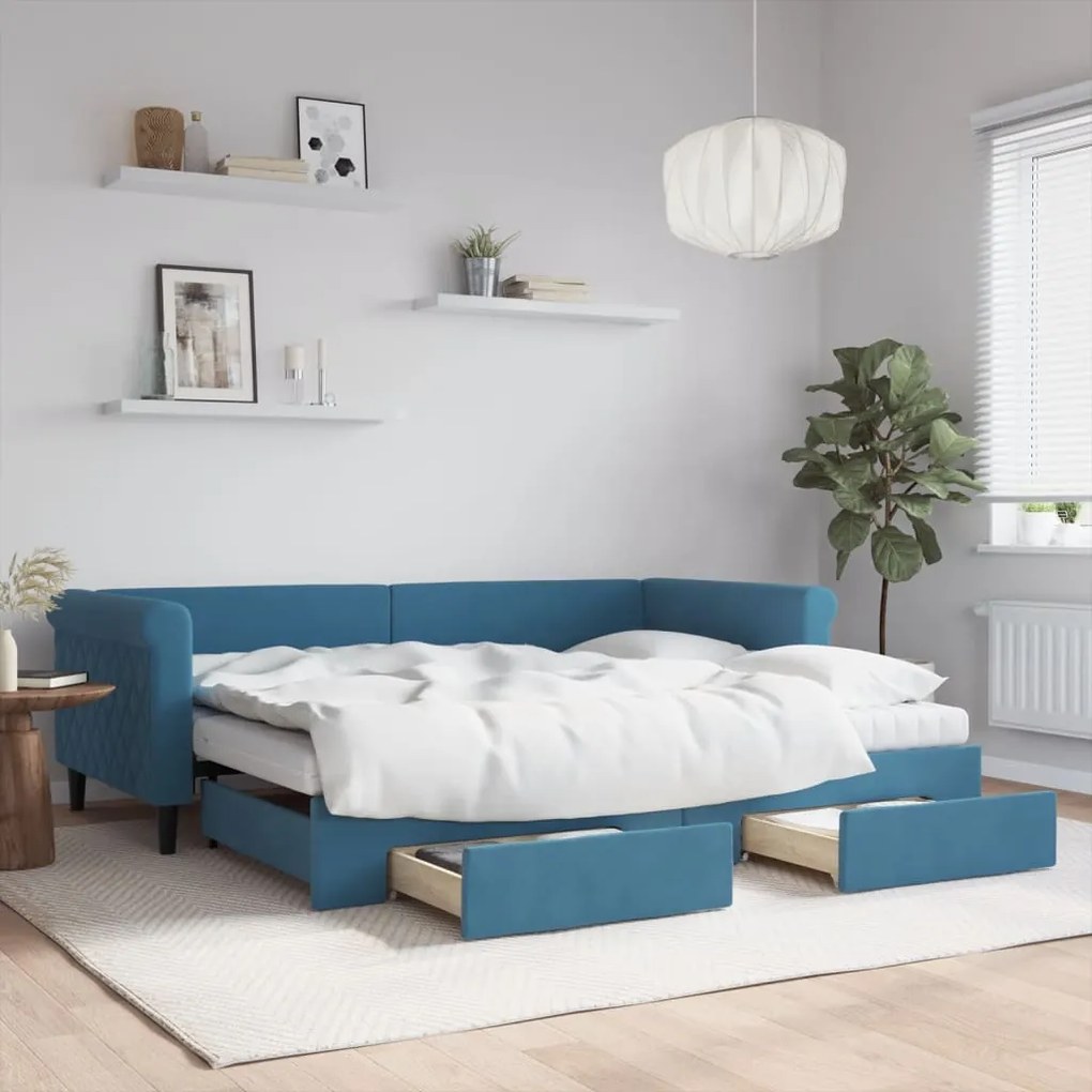 vidaXL Sofá-cama com gavetão e gavetas 90x200 cm veludo azul