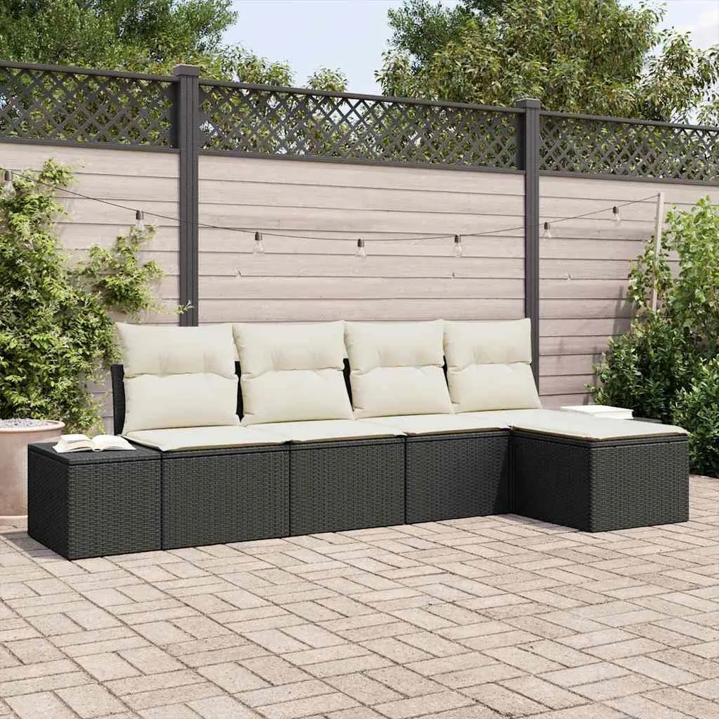 vidaXL Conjunto de Sofá de Jardim com 5 peças e almofadas pretas em rattan de polietileno