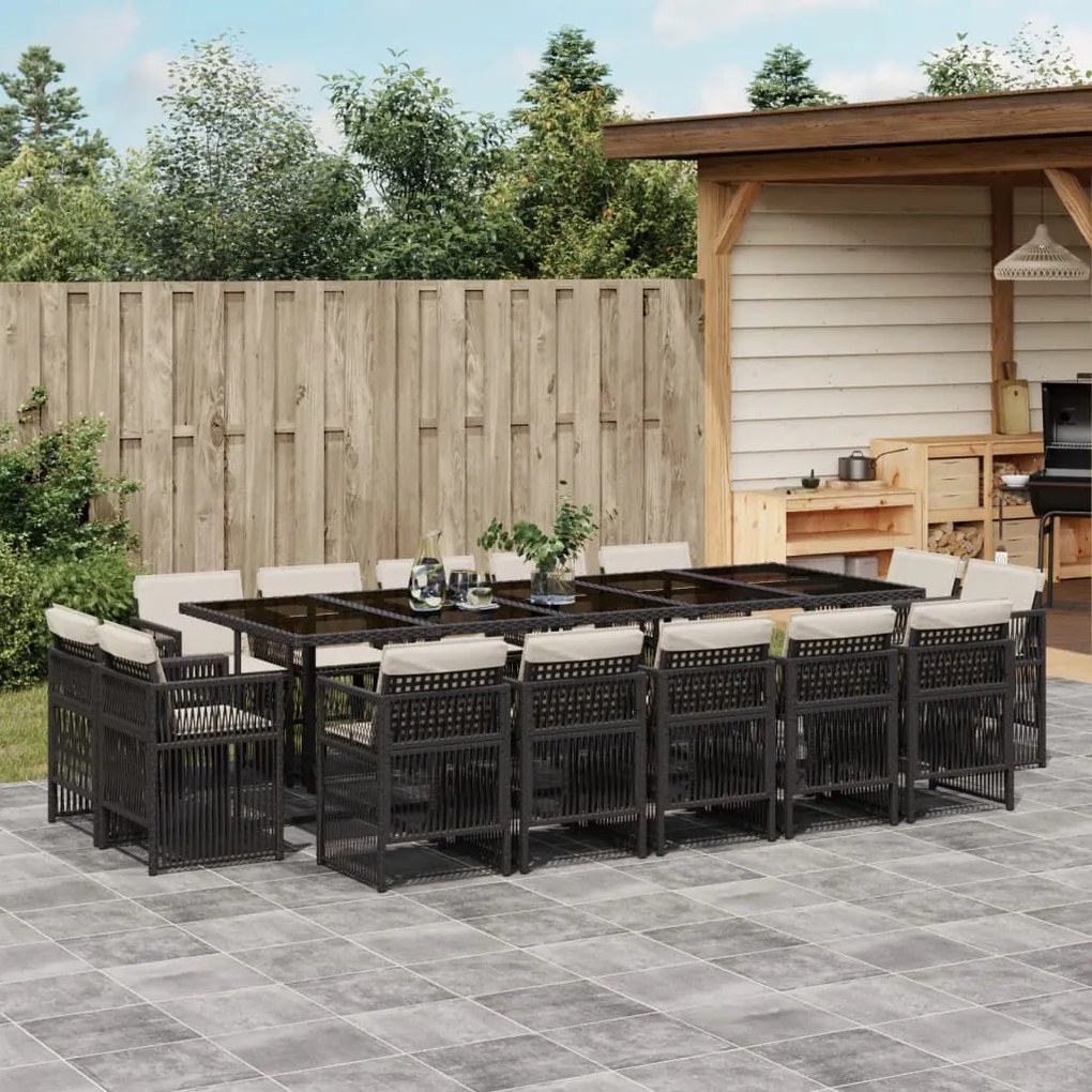 15 pcs conjunto de jantar p/jardim com almofadões vime PE preto