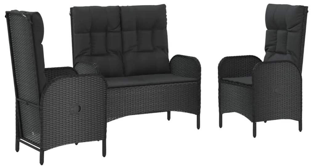 3 pcs conjunto de jantar p/ jardim c/ almofadões vime PE preto