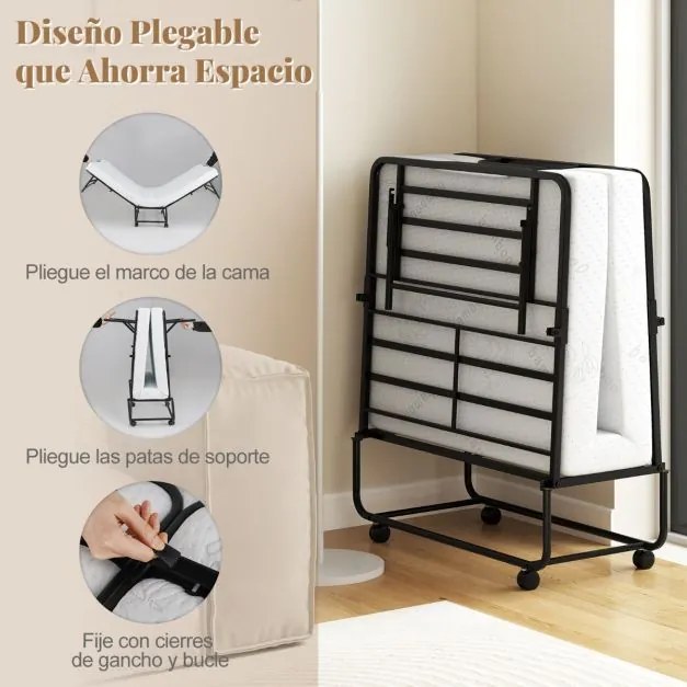 Cama portátil dobrável com colchão Estrutura metálica Rodas com fecho 194 x 90 x 40cm Branco