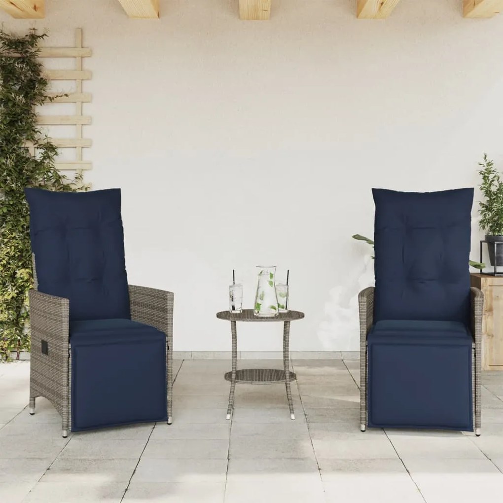 Conjunto Bistro de 3 peças com almofadas em rattan sintético cinza